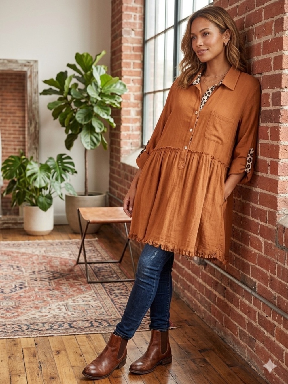 UMGEE Linen Blend Leopard Trim Button Front Tunic Large Oversize Roll Tab Boho